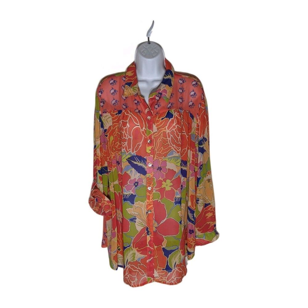 Fig & Flower Floral Sheer Cover Up Tunic Women's Plus 3X Boho Beach Cruise Swim